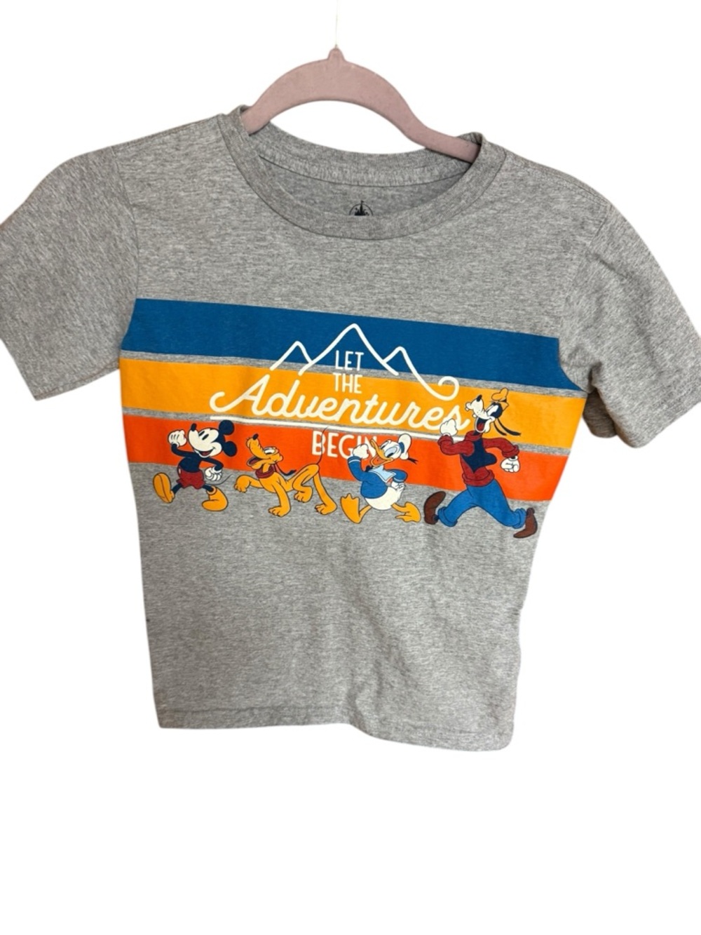 Disney Gray Graphic Tee with Blue, Yellow & Orange Stripes